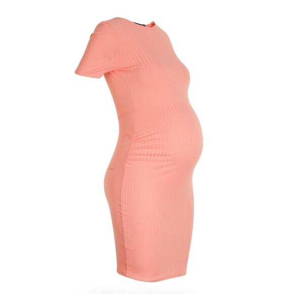 Boohoo Coral Maternity Basic Rib Knit Casual Bodycon Short Sleeve Dress Sz 8 - Picture 1 of 8